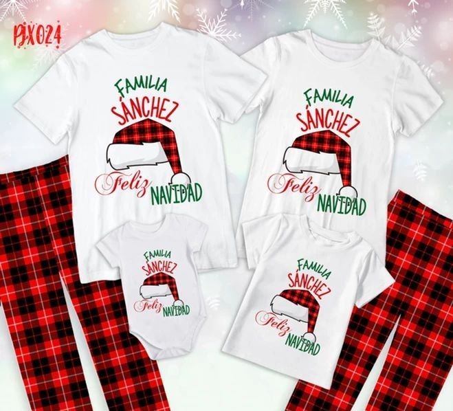 Pijama Navideña Camiseta Blanca Gorros Familia y Pantalón Rojo