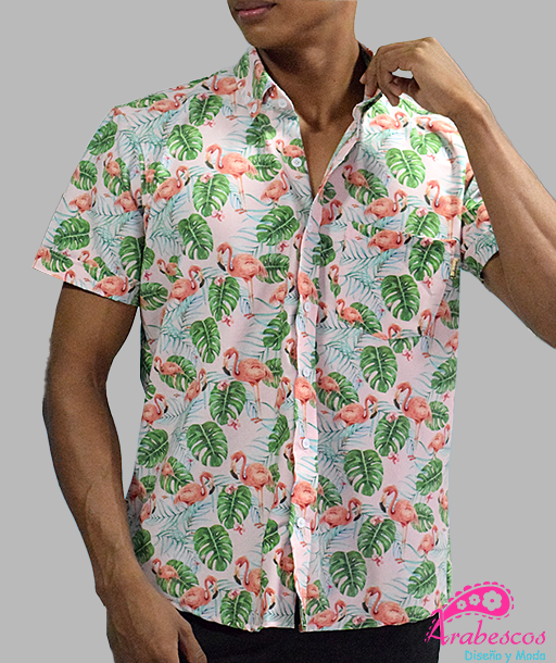 Camisa Playera Flamencos Hojas Verdes
