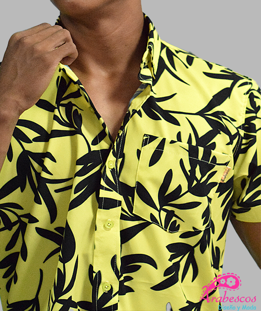 Camisa Playera Amarilla Hojas Negras