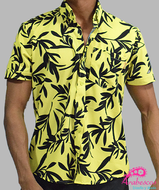 Camisa Playera Amarilla Hojas Negras