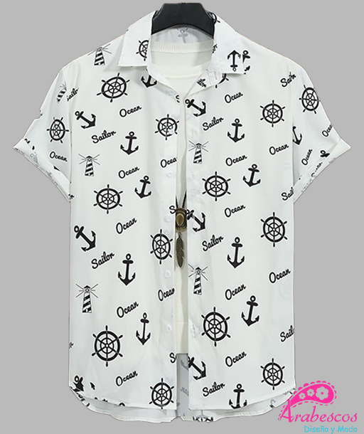 Camisa Playera Blanca Timones y Anclas Negros
