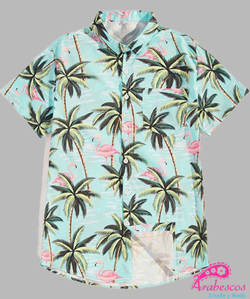 Camisa Playera Azul Claro Palmas y Flamencos