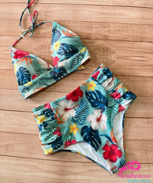 Bikini Top Fajón Panty Alto Drapeado Flores Verde Menta