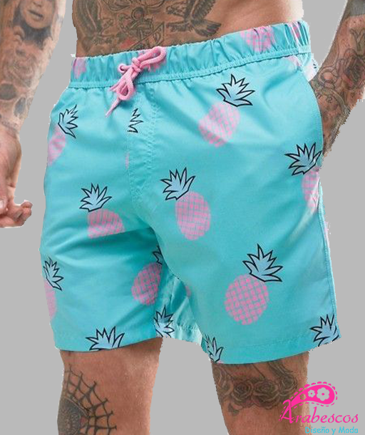 Pantaloneta Piñas Rosadas Azul Claro