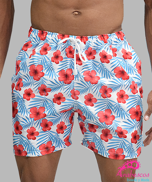 Pantaloneta Blanca Flores Rojas Hojas Azules
