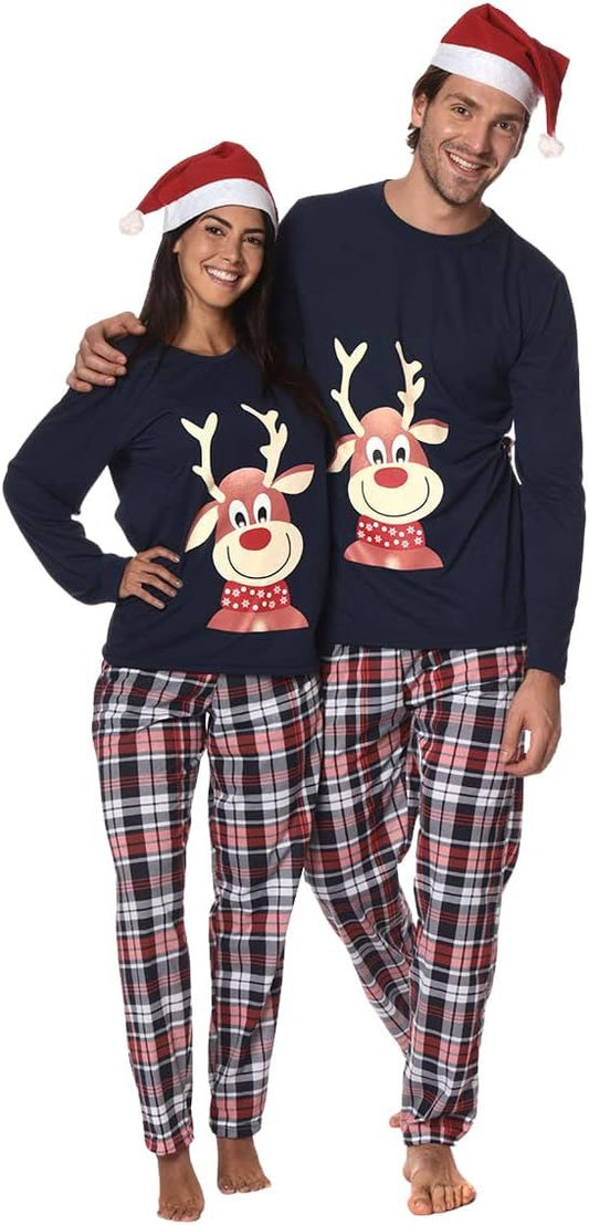 Pijama Navideña Manga Larga Camiseta Reno y Pantalón Cuadros