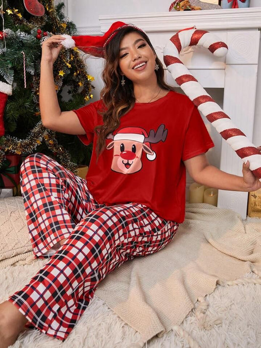 Pijama Navideña Manga Corta Reno Roja Pantalón Rojo Cuadros