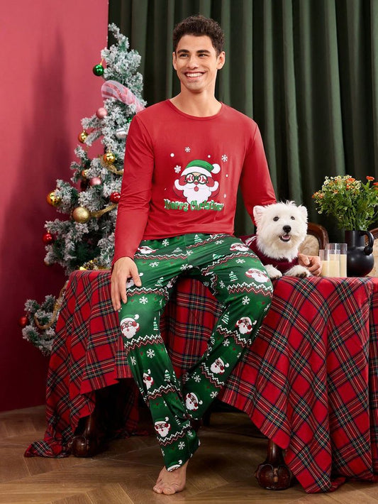 Pijama Navideña Manga Larga Roja Santa y Pantalón Verde