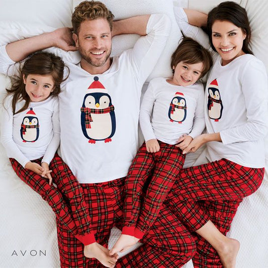 Pijama Navideña Manga Larga Blanca Pingüino y Pantalón Rojo