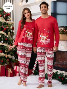 Pijama Navideña Manga Larga Roja Reno y Pantalón Rojo y Blanco