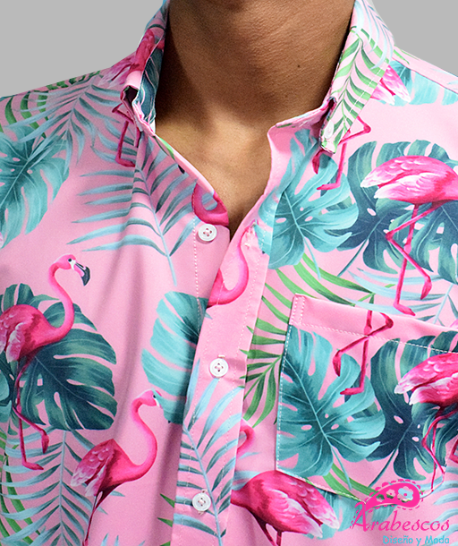 Camisa Playera Flamencos Rosados Hojas Azules