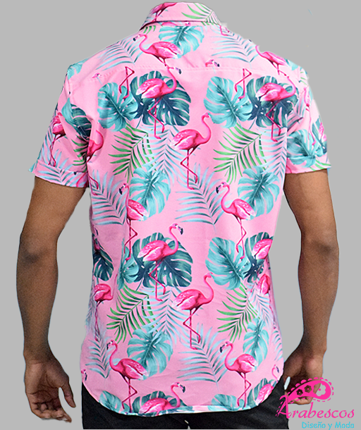 Camisa Playera Flamencos Rosados Hojas Azules