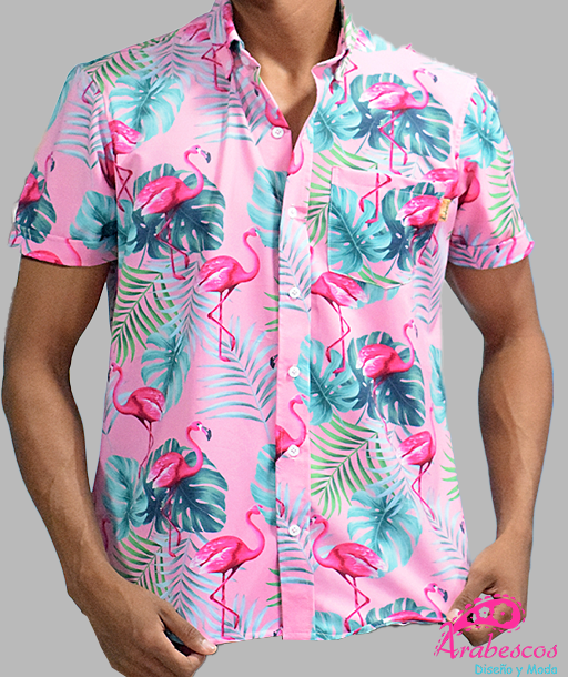 Camisa Playera Flamencos Rosados Hojas Azules