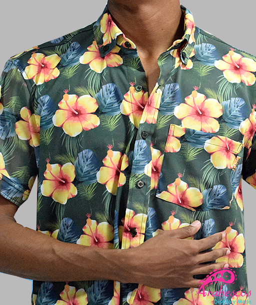 Camisa Playera Verde Oscuro Flores Amarillas
