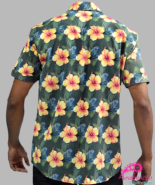 Camisa Playera Verde Oscuro Flores Amarillas