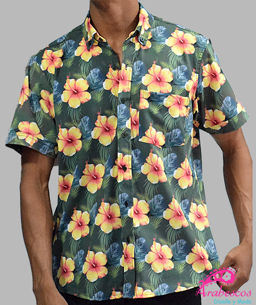 Camisa Playera Verde Oscuro Flores Amarillas