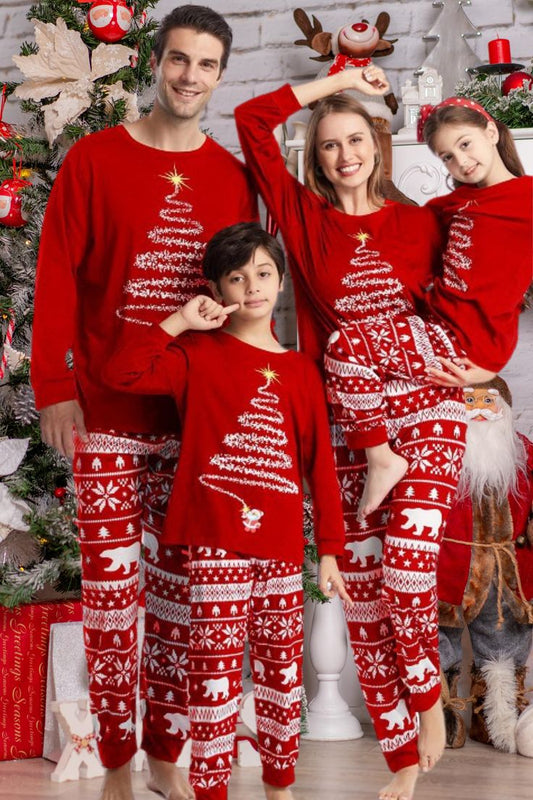 Pijama Navideña Manga Larga Rojo Árbol de Navidad y Pantalón Rojo