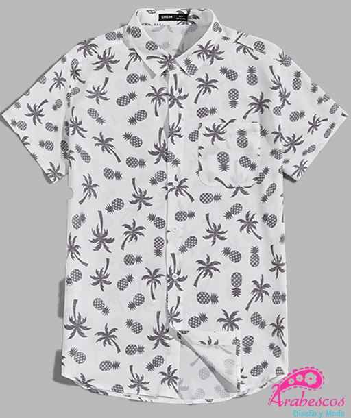 Camisa Playera Blanca Piñas y Palmas Negras