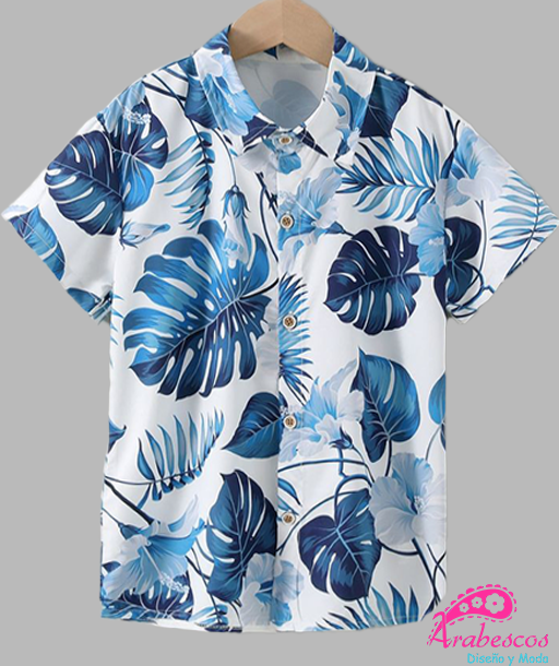 Camisa Playera Blanca Hojas y Flores Azul