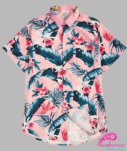 Camisa Playera Rosada Hojas y Flores