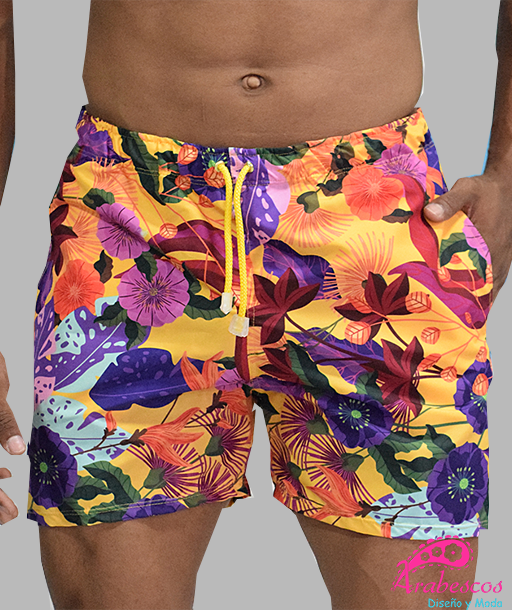 Pantaloneta Mostaza Flores Moradas
