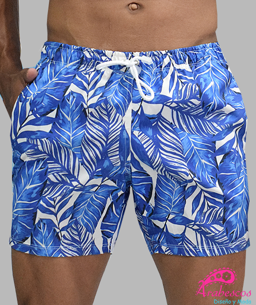 Pantaloneta Blanca Hojas Azul Rey
