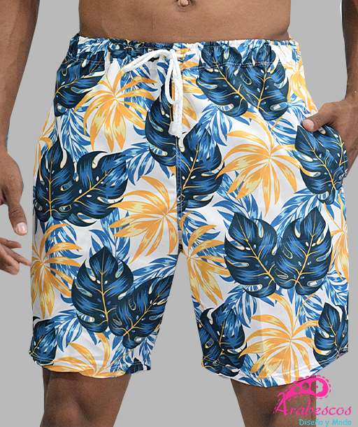 Pantaloneta Blanca Hojas Azules y Mostaza