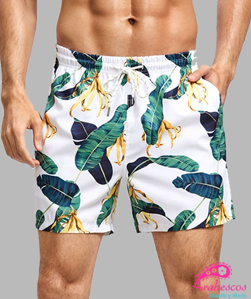 Pantaloneta Blanca Hojas Verdes y Azules
