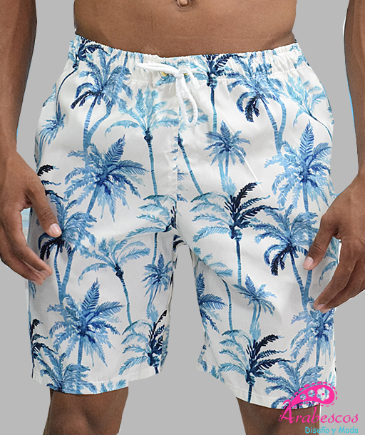 Pantaloneta Blanca Palmas Azul Oscuro