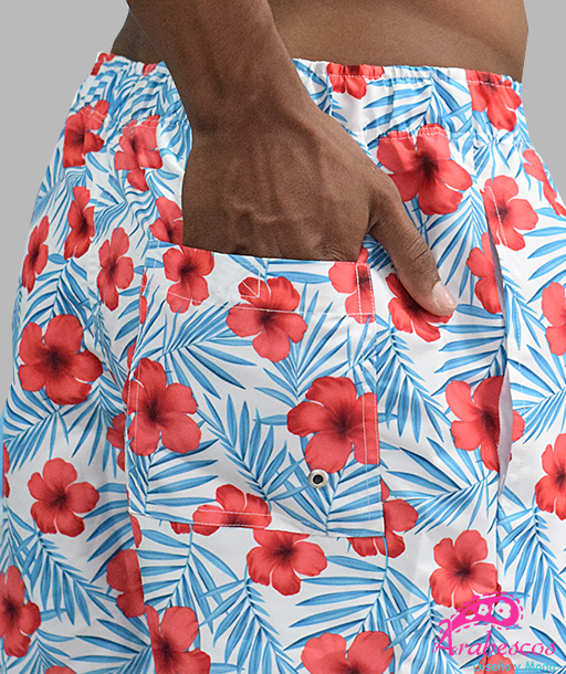 Pantaloneta Blanca Flores Rojas Hojas Azules