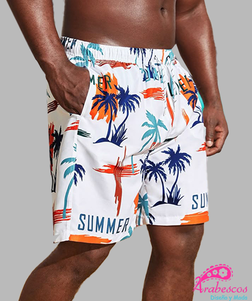 Pantaloneta Blancas Palmas Azul Claro y Oscuro Summer