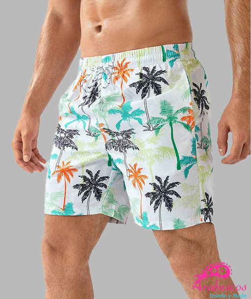 Pantaloneta Blanca Palmas Verdes, Naranjas, Amarillas Negras y Azules