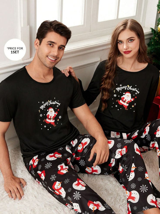 Pijama Navideña Manga Corta Negra Papá Noel Pantalón Negro